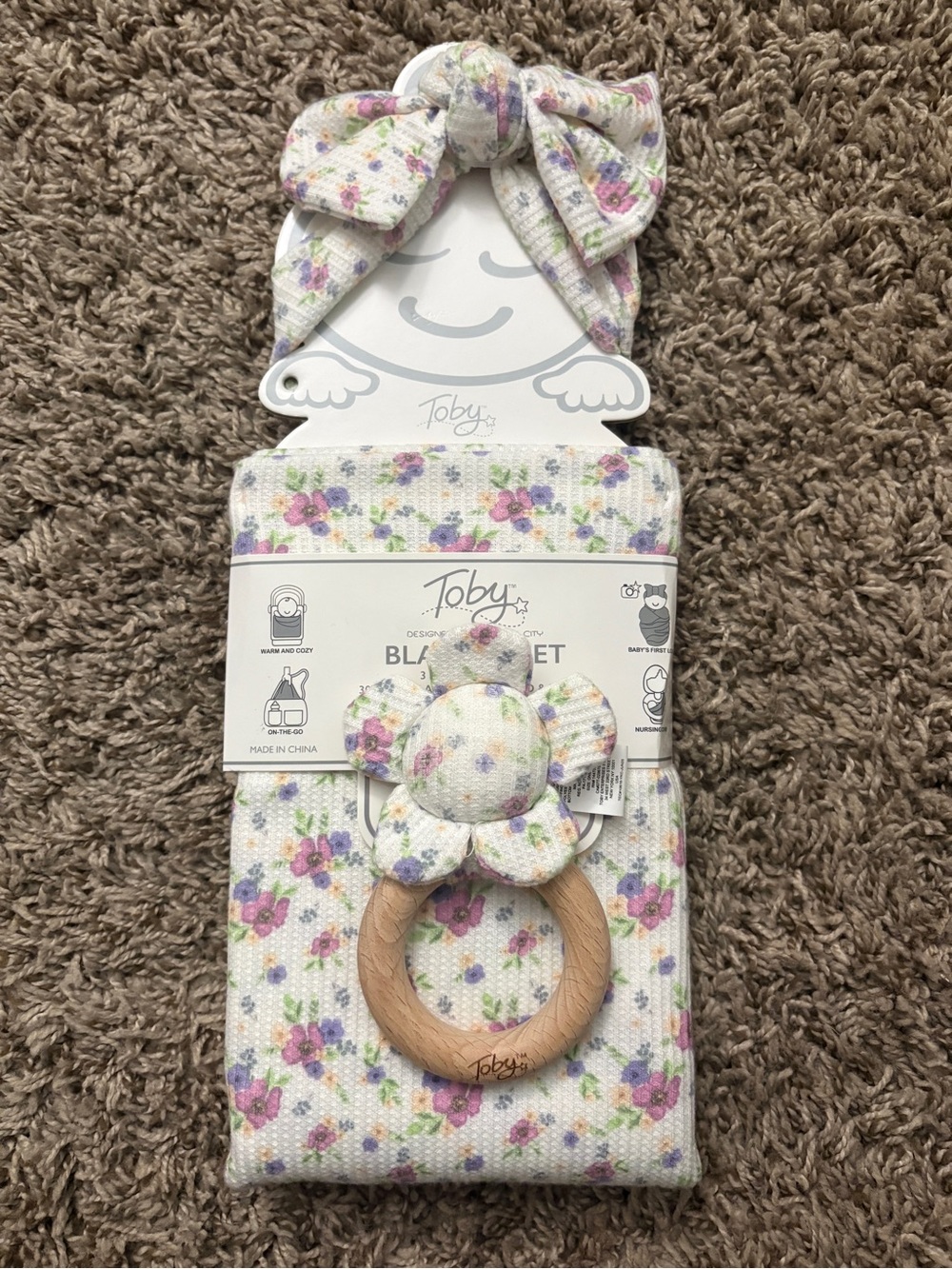 Toby Floral Knit Baby Blanket & Headwrap Set - White with Pink & Purple Flowers